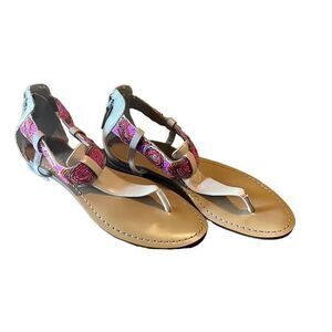 Guess 7 Pink Tan Beaded Embellished T-Strap Flip Flop Sandals Boho Festival